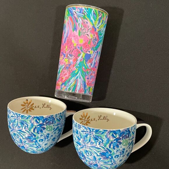 ~ Lilly Pulitzer 2 Blue Floral Hidden Lion Mugs Gold Handles+Pink Floral Tumbler - Picture 7 of 16